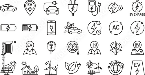 Electric vehicle and green energy outline icons set vector illustration