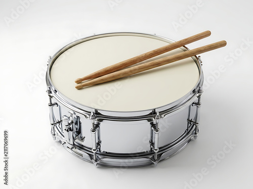 Professional Snare Drum with Wooden Drumsticks Isolated on White Background Showcasing Percussion Instrument for Music Performance and Practice.