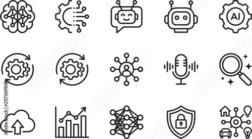 Icons set representing artificial intelligence, machine learning, data processing, and technology concepts in black outline st
