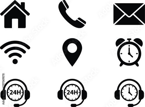 Icons set for communication contact home phone email wifi location alarm and customer support service