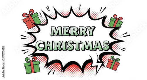 Merry Christmas comic style banner with gifts