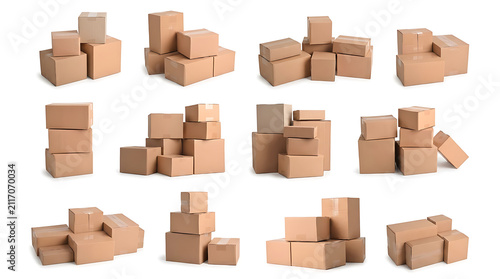 Assorted Cardboard Shipping Boxes Stacked on White Background Showcasing Packaging, Storage, Moving, Logistics, and E-Commerce Supply Solutions.