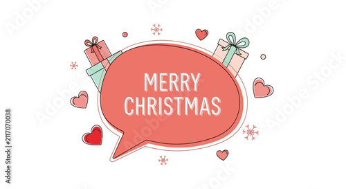 Merry Christmas festive greeting card with gifts and hearts
