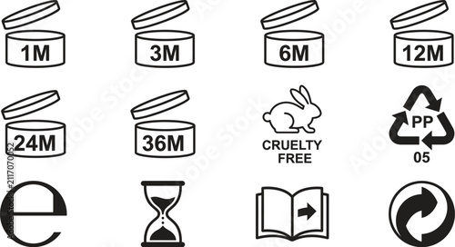 Cosmetic symbol set including period after opening, cruelty free, recycling, and expiration time icons