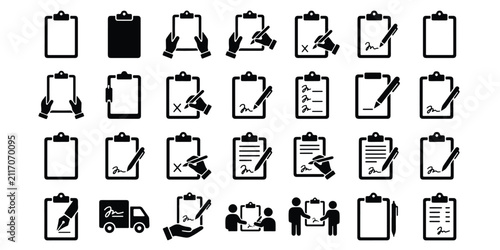 Foto Business clipboard and contract signature icons set with business gear icon chec
