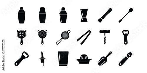 Bild auf Leinwand Set of bartender tools and bar equipment icons with bartender cocktail equipment