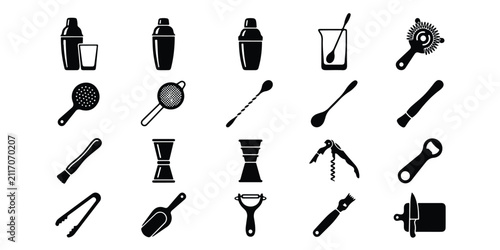 Quadro su tela Bartender barware tools icon set silhouette illustration with bartender cocktail