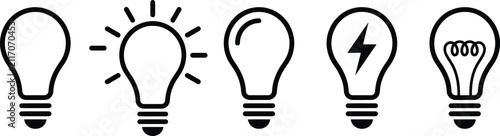 Lightbulb icon set in black outline style representing idea and electricity