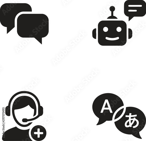 Icons set representing communication chat robot support agent and translation