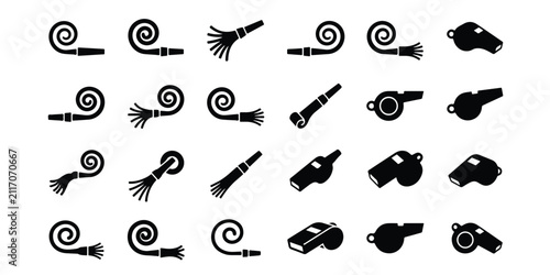 Foto Set of party blower and whistle icons with noisemaker celebration birthday colle