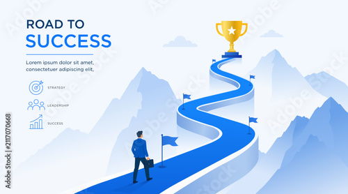Business success concept vector illustration featuring a winding road leading to a golden trophy, businessman with briefcase, milestone flags, mountain landscape, strategy, leadership, growth
