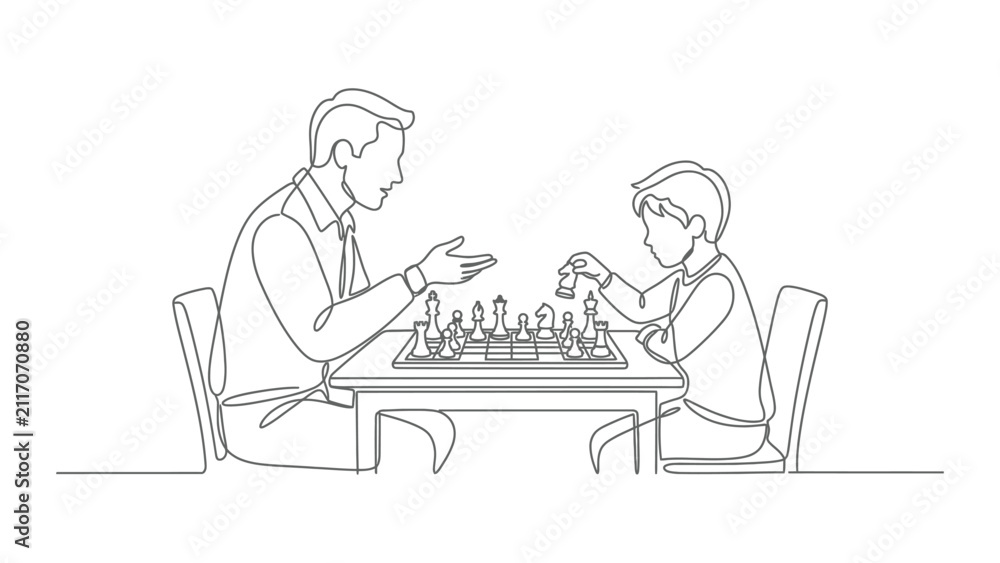Fototapeta premium Father Teaching Son Chess Strategy One Line Drawing
