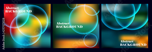 A collection of three abstract backgrounds featuring glowing cyan circular rings and soft blurred gradients in vibrant orange red and deep blue color tones