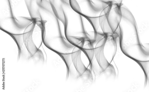 Ethereal black smoke swirls on white background, abstract wispy gray steam trails, elegant flowing ink in water texture, minimalist smoky vapor curves for creative overlays and design