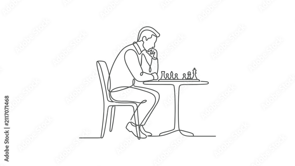Fototapeta premium Man playing chess, continuous line drawing, strategic thinking, intellectual game