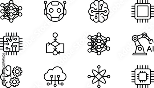 Artificial intelligence icons set showing machine learning neural networks robotics and processor chips