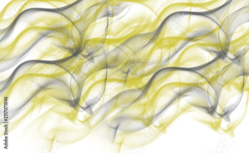 Abstract yellow and grey smoke swirls on white background, ethereal flowing vapor trails, artistic wispy smoke pattern for modern graphic design and decorative backdrop