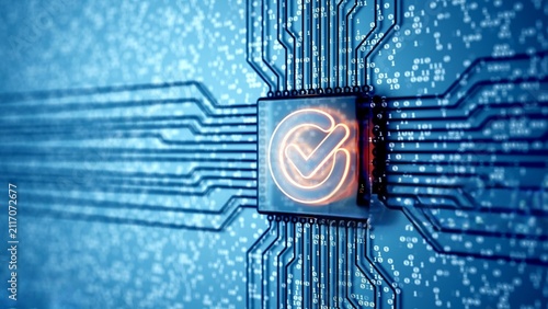 Glowing checkmark pulses on circuit board. Digital blue background sparkles with data. Futuristic tech concept radiates approval. Ideal for cybersecurity or digital validation themes