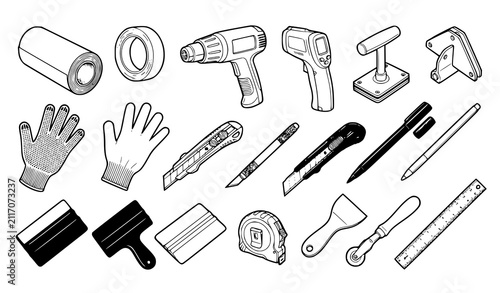 Car Window Tinting and Vinyl Film Installation Tools Set with Heat Gun Infrared Thermometer Squeegees Utility Knives and Gloves Isometric Line Art Vector