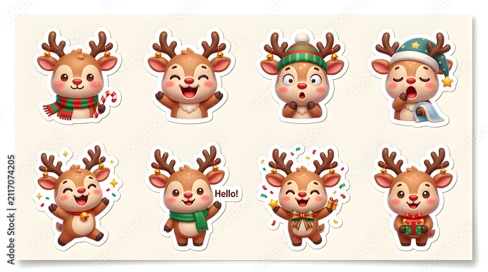 Obraz premium Cute baby Christmas reindeer sticker pack with different emotions: happy, laughing, surprised, sleepy, excited, waving and celebrating, premium 3D cartoon illustration, isolated background