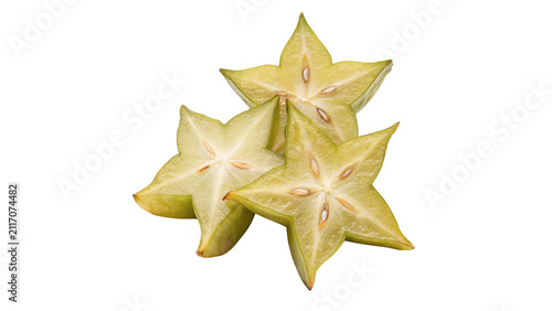 Konstfotografi Fresh sliced yellow carambola starfruit star pieces isolated on transparent back