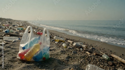 Beach littered with discarded plastic bags and colorful trash by ocean waves