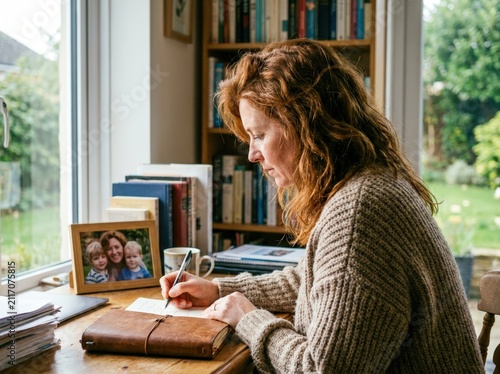 Woman Writing at Desk by Window with Family Photo.