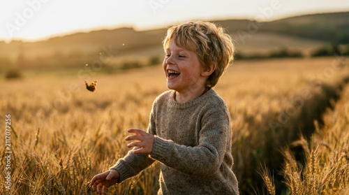 Young Boy Playing in Golden Wheat Field at Sunset.