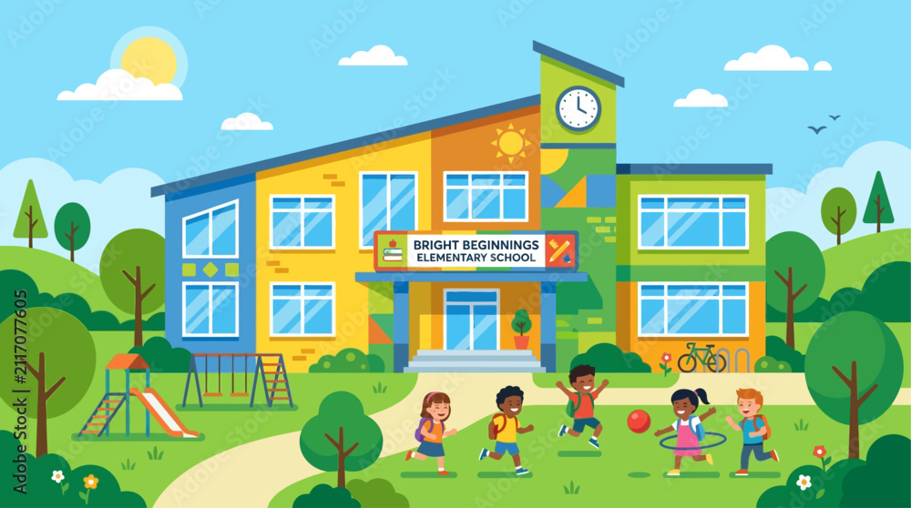 Fototapeta premium A vibrant flat design illustration of an elementary school building, featuring a cheerful and inviting facade that symbolizes learning and childhood education. 