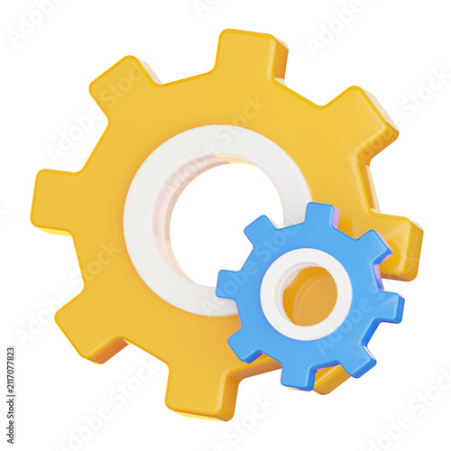 3D rendering yellow and blue gear icon for options and settings preference UI