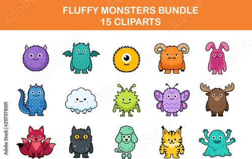 Cute Fluffy Monster Clipart Bundle Set – Kawaii Colorful Cartoon Monster Collection for Halloween, Stickers, Cricut, Sublimation and Kids Design