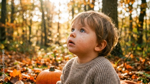 Young child holding pumpkin in autumn forest.