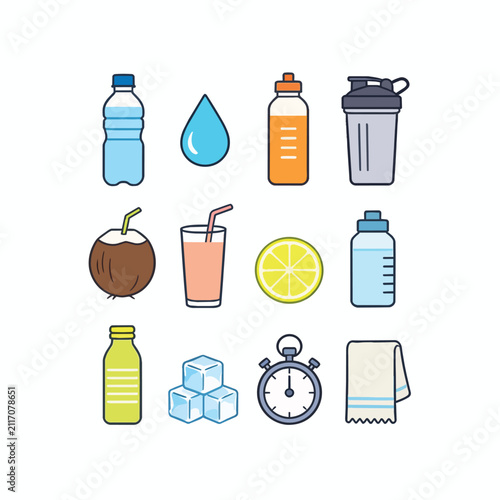 Fitness and hydration icons including water bottles, shaker, fruit, ice, stopwatch, and towel