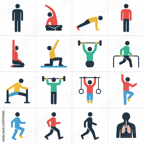 Diverse fitness icons show people performing exercises and activities for health and wellness
