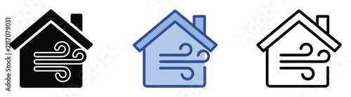 Set of house icons depicting ventilation and climate control systems for residential energy management.