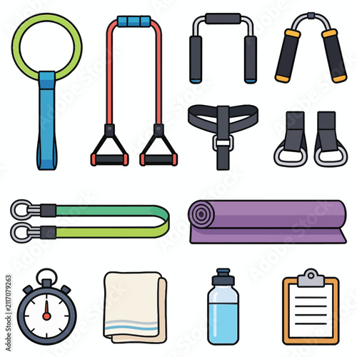 Collection of fitness equipment and accessories for workout and training at home or gym