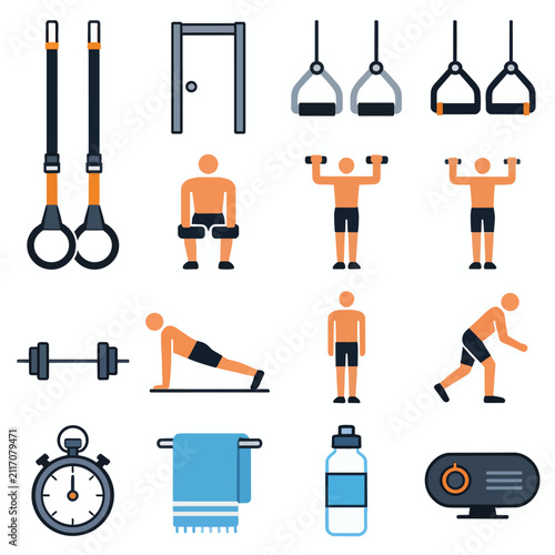 Fitness icons collection featuring exercise equipment, people working out, and gym accessories for healthy lifestyle