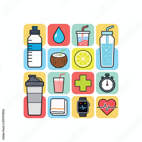 Healthy lifestyle icons including water bottle, smoothie, coconut, lemon, stopwatch, and heart rate monitor