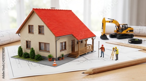 Miniature house model on architectural blueprint with surveyor figures and excavator toy in concept construction.