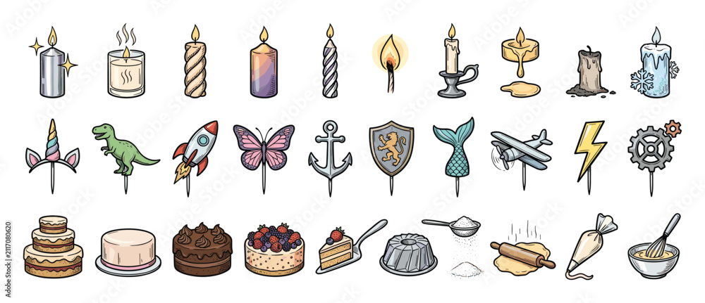 Obraz premium Set of celebration items including diverse candles, cake toppers, and baking accessories for party themes