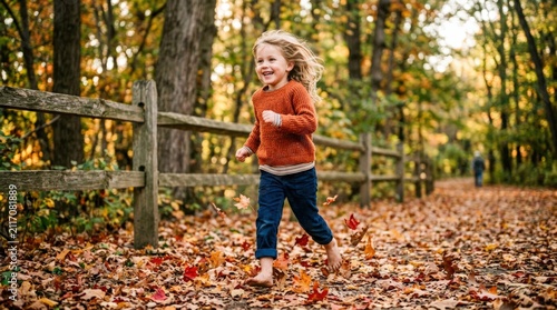 Young Girl Running Through Autumn Forest Path.