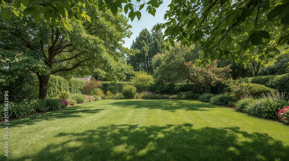 Obraz premium Family friendly garden with open green lawn and shaded trees creating calm summer atmosphere