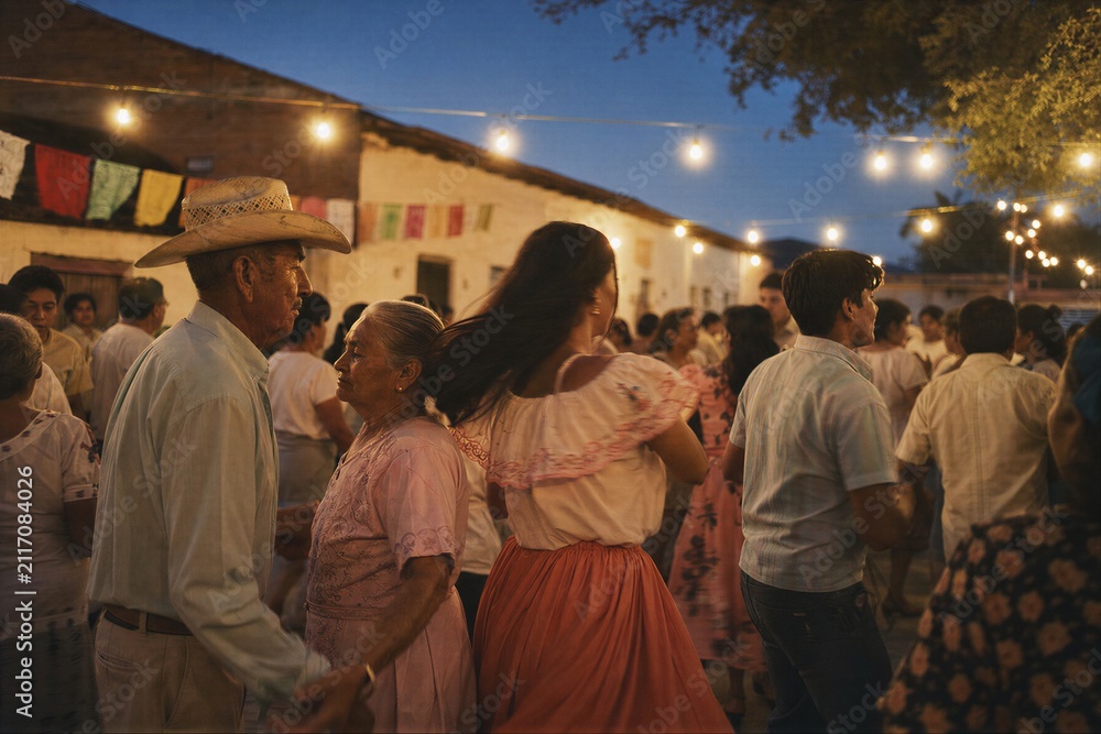 Obraz premium Group of people dancing at a traditional Mexican plaza fiesta during twilight. Elderly man in cowboy hat and woman dancing together under string lights.