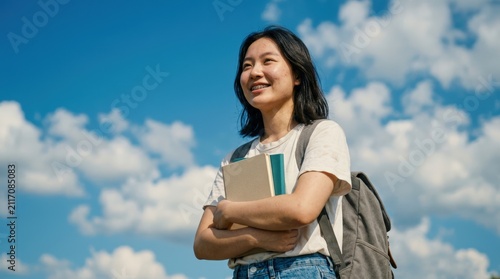 Young Woman Holding Books Against Blue Sky.