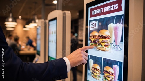 Person using a touchscreen self-service kiosk to order fast food