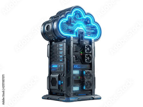 Cloud computing server tower. Digital data storage hardware with glowing blue neon icon.