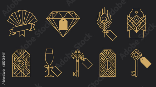 Art Deco Luxury Sale Icons: Diamond, Peacock Feather, Keys, Champagne Glass, Gift Tags, and Ribbon Banner, Gold Line Art on Black Background, Vector Graphic Elements