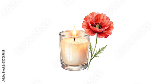 Memorial red poppy flower with burning candle in glass, remembrance day floral tribute, elegant funeral sympathy decoration isolated PNG with Transparent Background