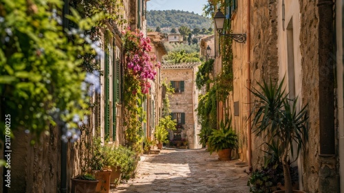 hidden Mediterranean street with flowers and warm sunlight