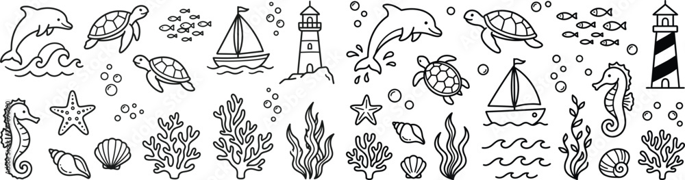 Obraz premium Marine ocean sea nautical vector illustration outline line set collection elements doodle sketch drawing dolphin turtle boat lighthouse seahorse starfish